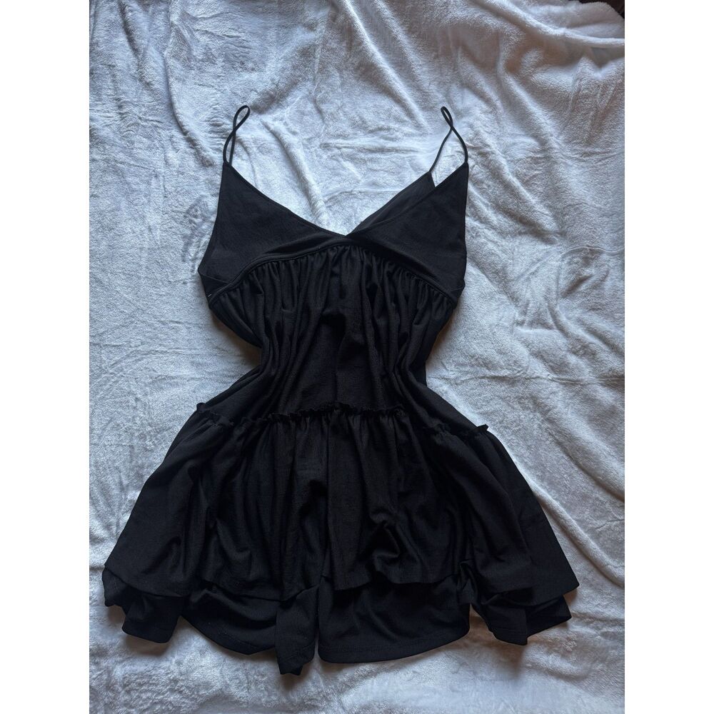 Zara Womens L Black Babydoll Mini Dress Spaghetti Strap Tiered Ruffle Y2K